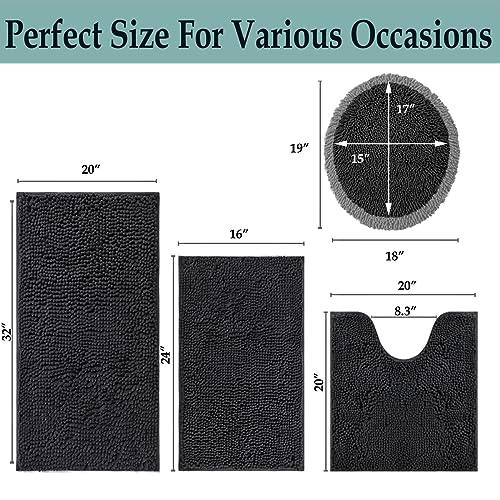 Bathroom Rugs Sets 4 Piece, Extra Soft Absorbent Chenille Bath Rugs, Non Slip Rubber Backing Machine Washable Quick Dry Bath Mats for Bathroom Floor, Tub, Shower, Home Decor Accessories, Black - color: Black