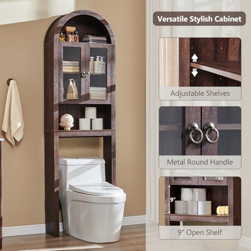 IFGET Arched Over The Toilet Storage Cabinet with Acrylic Doors, Modern Over Toilet Bathroom Organizer Shelf, Small Wooden Bathroom Storage Cabinet with Adjustable Shelf, Space Saver, Dark Walnut - color: Dark Walnut