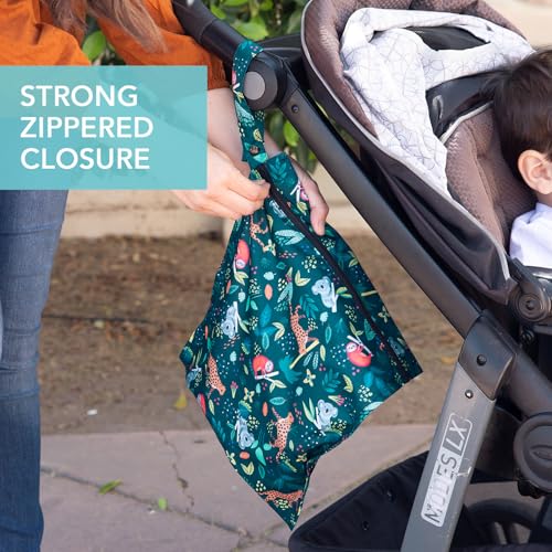 Bumkins Waterproof Wet Bag for Baby, Travel, Swim Suit, Cloth Diapers, Pump Parts, Pool, Beach, Gym Clothes, Toiletry, Hook to Stroller, Daycare, Zipper Reusable Wetdry Packing, 2-pk Jungle and Animal - color: I2 Jungle-2pk, style: Wet Bag