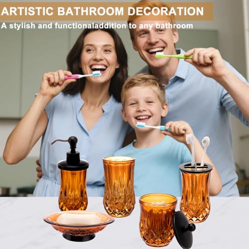 Bathroom Accessories Set,5 Pcs Amber Glass Bathroom Accessory Set, Complete Lotion Soap Dispenser, Toothbrush Holder, Soap Dish, Tumbler & Jar, Modern Bathroom Decor Sets Gift,Round - style: Round(Amber)