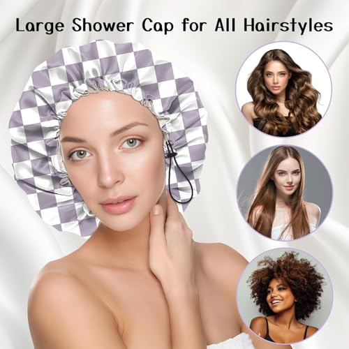 Luxury Shower Cap Silk Satin Lined Waterproof Reusable Adjustable Elastic Dry Hair Bathing Caps Cute for Women Girls-Purple Checkered - color: C-16-Purple Checkered