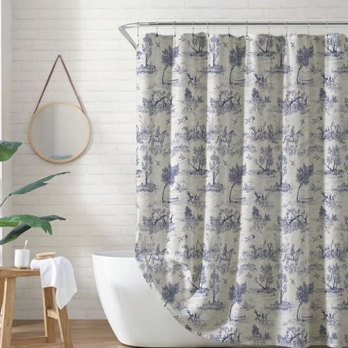 MUGINYU French Toile de Jouy Shower Curtain Linen 72x72 - Blue Countryside Landscape with Sheep, Dogs, Trees, Farmhouse Bath Decor - color: Toile De Jouy Dog