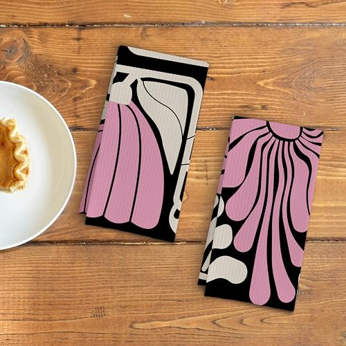 Abstract Boho Pink and Beige Floral Kitchen Towels Set of 2, Retro 70s Groovy Floral Hand Towels for Bathroom Decor, Modern Minimalist Botanical Dish Tea Towels for Kitchen Decor, 16x24 Inch - color: Boho Pink and Green