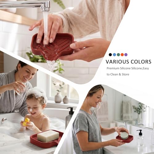 MicoYang Silicone Soap Dish with Drain Spout, Self-Draining Sink Organizer Tray for Bathroom and Kitchen, Sponges, Dispensers and Soap Holder, Non-Slip and Dishwasher Safe, Red (Compact, 4.9"×3.2") - color: Red, size: S(4.9"×3.2")