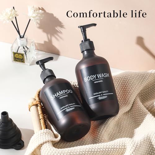 Refillable Matte Amber Plastic Shampoo and Conditioner Bottles (5 Pack, 16.9oz), with Pumps and Labels - color: Matte Amber