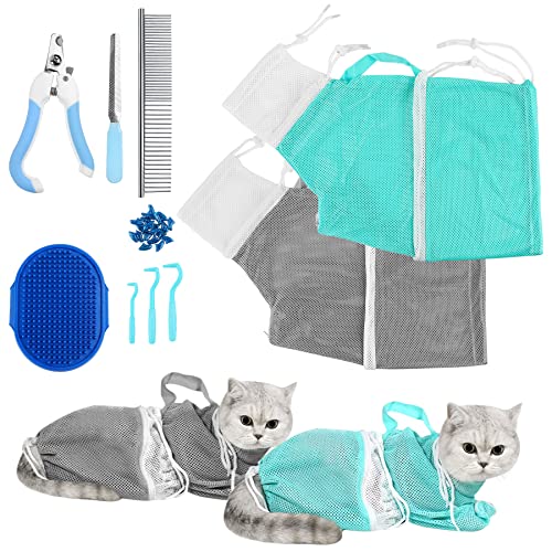 JULMELON 10 PCS Cat Washing Bag for Bath Shower Adjustable Net Grooming Set | Pet Brush Nail Clipper File, Hair Combs Tick Tool, Nail Caps, Bathing Trimming Examination, Grey and Green - color: Grey+Green