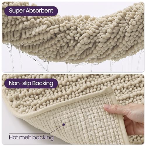 DEXI Bathroom Rugs 60x24, Super Soft Thick Chenille Absorbent Bath Mat, Non Slip Machine Washable Fluffy Shag Bathmat for Tub, Shower Floor, Beige - color: Beige, size: 60" X 24" (Rectangular)