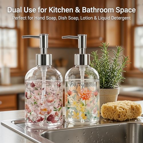 Topadorn Glass Soap Dispenser Set of 2, 17oz Refillable Hand & Dish Soap Dispensers with Pump, Floral Kitchen Soap Bottles with Enjoy the Day Design for Bathroom Counter - color: Soft Pink Flower