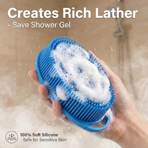 3-Pack Silicone Shower Scrubber for Body – Dual-Sided Loofah Brush with Ergonomic Handle, Fast-Drying Exfoliator – Black, Blue, Green - size: 3Pack-Black Blue Green