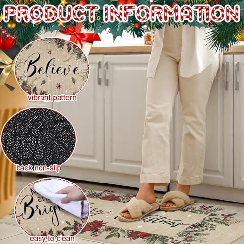 Drydiet 3 Pcs Christmas Poinsettia Kitchen Mat and Rug Non Slip Doormat Washable Waterproof Floor Mats Farmhouse Holiday Kitchen Decor for Home Floor Office Bathroom Party Rustic Decor - color: Red, style: Poinsettia