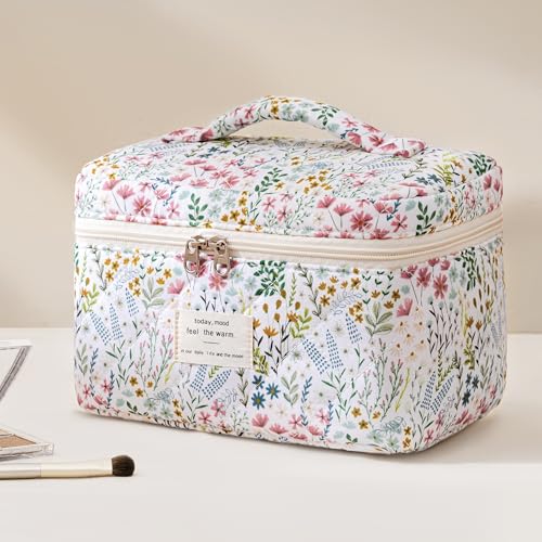 HBselect Quilted Makeup Bag, 3PCS Cotton Large Travel Makeup Bag, Cute Floral Coquette Make up Bag Cosmetic Bag Toiletry Bag for Women Girls - color: A-3PCS-Floral 41