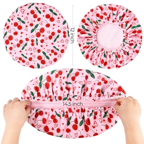 Shower Cap for Women Terry Lined Bath Cap Large Reusable Waterproof Elastic Band Pink Cherry Shower Caps for Long Thick Hair Soft Bath Shower Hair Caps - color: Pink Cherry Heart