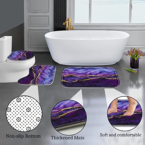 Poedist 4 Pcs Gold Edge Marble Bathroom Shower Curtain Set, Bathroom Sets with Shower Curtain and Rugs(Bath Mat,U Shape and Toilet Lid Cover Mat) and 12 Hooks-Purple - color: Purple Yellow