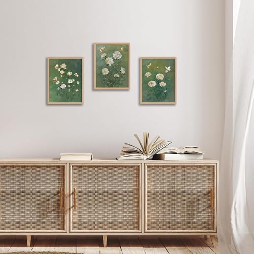 3Pcs Vintage Botanical Flower Framed Canvas Wall Art Abstract Green Floral Butterfly Painting Prints Poster, Rustic Cottage Garden Picture Decor for Living Room Bedroom Bathroom Home 12x16in - color: Abstract Green Floral Butterfly, size: 12x16 Inches