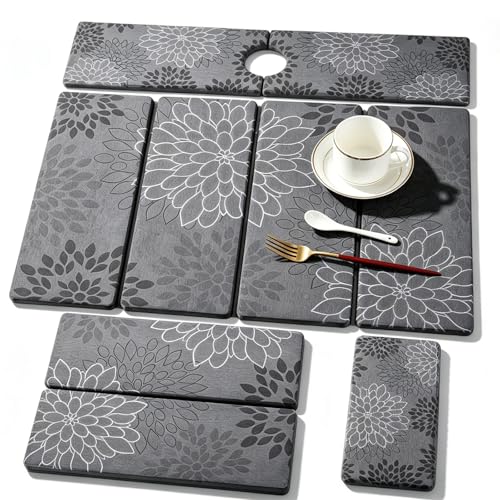 3 PCS Large Stone Dish Drying Mat for Kitchen Counter, Quick Dry Stone Dishes Mats Cup Coasters, Sink Faucet Mat, Water Absorbing Diatomaceous Earth Drying Pad for Countertop Tableware, Bottles - color: Grey Floral