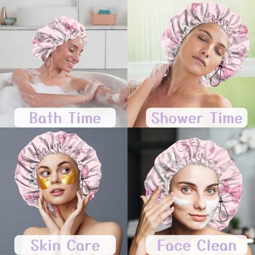 Luxury Shower Cap Silk Satin Lined Waterproof Reusable Adjustable Elastic Dry Hair Bathing Caps Cute for Women Girls-Pink Bowknot - color: C-6-Pink Bowknot