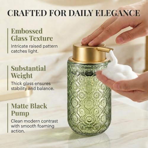 Green and Gold Glass Foaming Hand Soap Dispenser | Matte Gold Pump Embossed Glass Bottle Refillable Bathroom Kitchen Decor 13.5 oz - color: Green and Gold