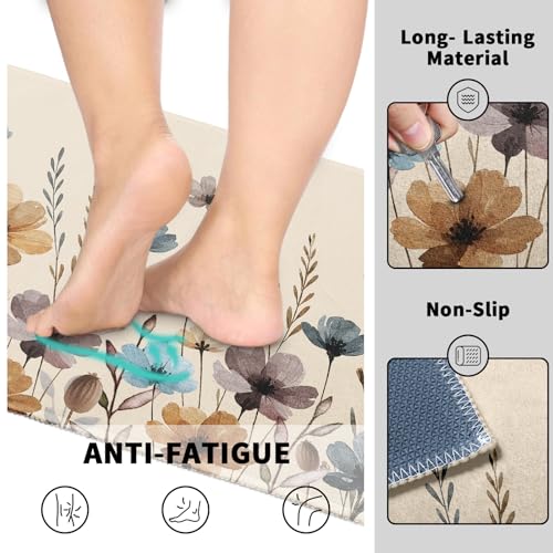 Florals Rugs for Kitchen Floor 2 Pcs Vintage Watercolor Flowers Washable Runner Rug Non Slip 17"x47"+17"x30", Spring Wildflower Comfort Kitchen Floor Mat for Bathroom Laundry Office Decor - color: Watercolor Flowers