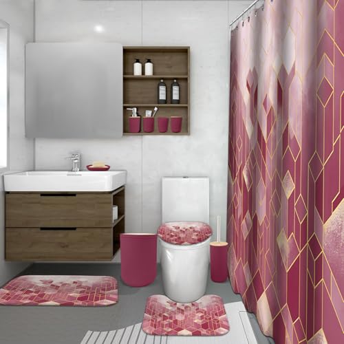 Lnond Red Bathroom Set, Red Abstract Cubes Bathroom Accessories Sets Complete, Luxury Restroom Set with Shower Curtain and Rugs, Trash Can, Toilet Brush Holder Set & Soap Dispenser - style: Red