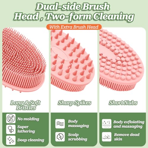 Silicone Back Scrubber for Shower, Gentle Shower Scrubber for Lathering, Softe Silicone Loofah with Two Replaceable Brush Heads, Good for Kids, Sensitive Skin(Pink-Two Heads) - color: Pink-two Heads