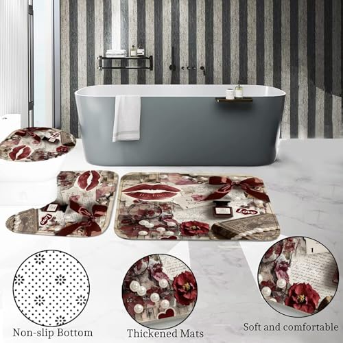 DDQQ 4Pcs Sexy Lip Shower Curtain Set Women Pearl Bow Bathroom Decor Set, Fashion Red Flower Perfume Bathroom Curtains Shower Set with Rugs, Girly Shower Curtain with 12 Hooks - color: Burgundy