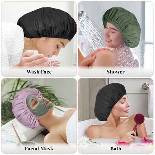 3 Pack Waterproof Reusable Shower Cap for Women, Hair Cap for Long Thick Hair, Lightweight Bath Hat for Daily Use - color: A05-Purple+Green+Black
