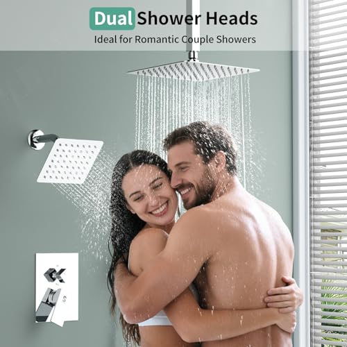 Shower Faucet Set Shower System - SR SUN RISE Polished Chrome Shower Trim Kit with Dual Shower Head, 10'' Ceiling Rainfall 6'' Wall Mount with Handheld Shower for Couples, Complete 6 Diverter Valve - color: Chrome, size: 10 Inch