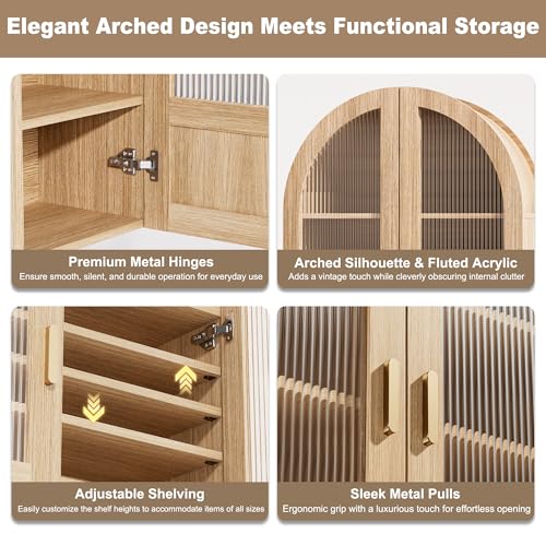 INNOD 4-Tier Arched Bathroom Wall Cabinet with Adjustable Wood Shelves, Over the Toilet Storage Cabinet with Acrylic Doors, Medicine Cabinet for Laundry Room & Living Room Kitchen (Natural Oak)