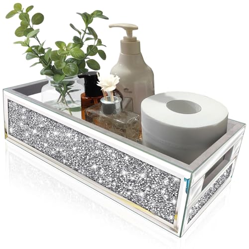 Wocred Bathroom Basket Toilet Tank,Crushed Diamond Mirrored Bathroom Tray Wall-Mounted,Silver Storage Organizer fits Dresser Bedroom,Bathroom,Coffee Table.(15”x7”x3.8”) - color: Silver - 7 Inch