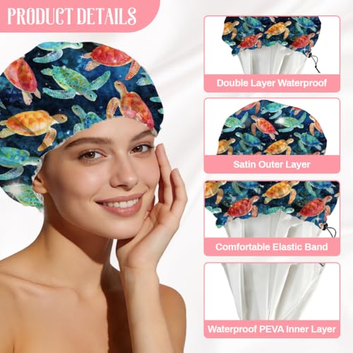 Sea Turtle Reusable Shower Cap Ocean Double Layer Waterproof Shower Caps Large Elastic Hair Cover Adjustable Hair - Drying Caps for Woman Man Bath SPA Travel One Size Fits Most - color: Sea Turtle