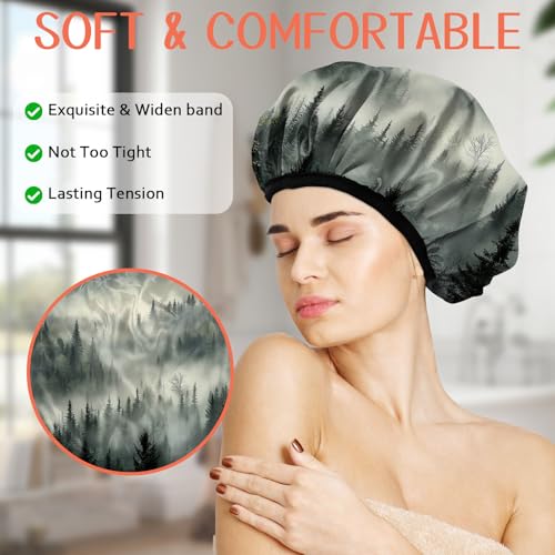 Luxury Shower Cap Terry Lined Reusable Triple Layer Waterproof Hair Elastic Caps Shower Bath Hat for Women Girls Cute Aesthetic-Cloud Forest - color: AL15-Cloud Forest