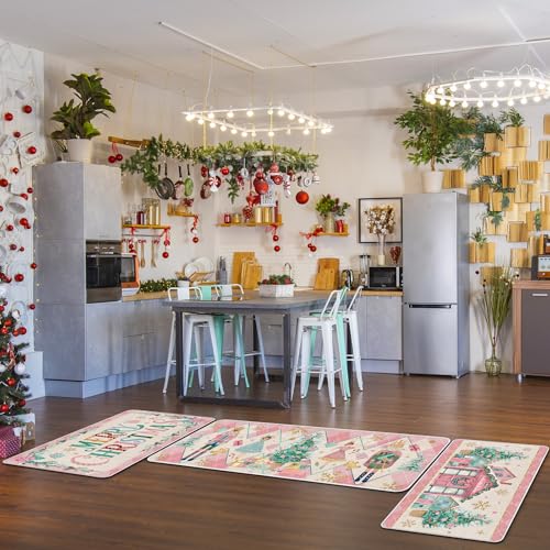 Drydiet 3 Pcs Pastel Pink Nutcracker Christmas Kitchen Rug and Mat Anti Fatigue Nutcracker Floor Mats Non Slip Washable Farmhouse Doormat Pastel Pink Christmas Decor for Kitchen Home Office Bathroom - color: Pink, style: Nutcracker