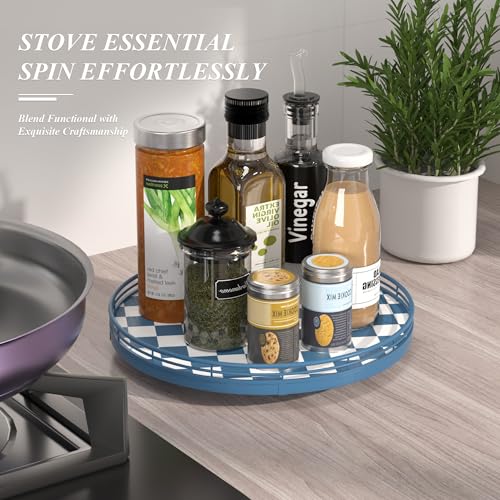 Premium Rubber Wood Lazy Susan Turntable, Blue White Checkerboard Decorative Serving Tray, Hand-Welded Metal Railing, Stable Rotating Organizer for Dining Table, Kitchen Counter, Coffee Table Decor - color: Blue & White, size: 12 inches
