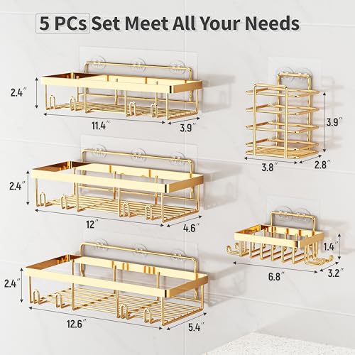 Liuoud 5 Pack Shower Caddy Organizer Rack Shelf for Inside Shower, Self Adhesive Wall Storage Basket Rustproof Stainless Steel Shampoo Holder Bathroom Accessory Decor Set, Gold - color: Gold