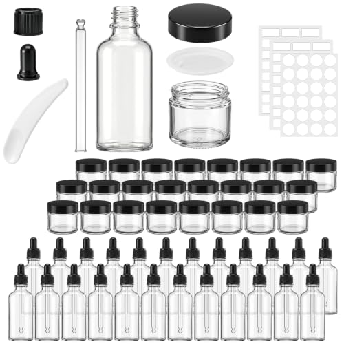 48 Pcs Clear Glass Jars and Dropper Bottles Set, 2 oz Cream Jars with Black Lids 1.7 oz Clear Dropper Bottles, with Label and Mini Spatula, for Essential Oil, Lotions, Massage Oil, Spa Salon - color: Clear