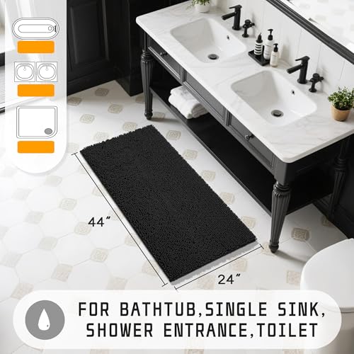 Yimobra Long Bathroom Rugs 44"x24", Extra Soft Non Slip Bath Mat for Tub, Super Absorbent Quick Dry Shaggy Rug Floor Carpet, Machine Washable,Black - color: Black, size: 44" X 24"