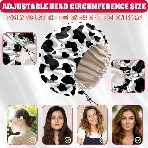 Luxury Shower Cap Satin Lined Reusable Waterproof Double Layer Elastic Adjustable Hair Bath Cap Cute Aesthetic Women Girls-Cow Leopard - color: F9-Cow Leopard