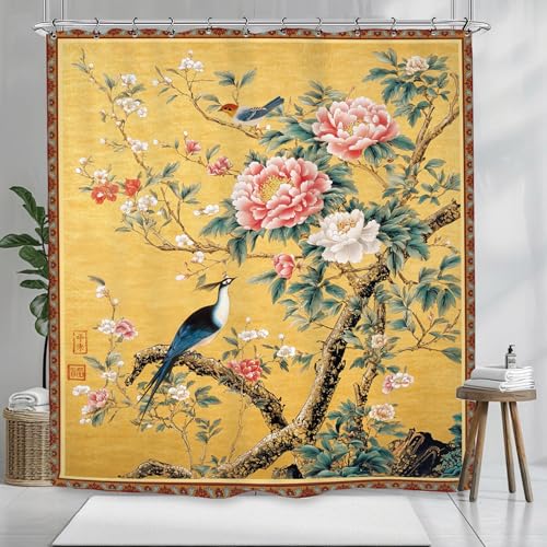 Vintage Flower Peony Shower Curtain 60Wx72L Inch Chinese Blossom Asia Yellow Botanical Plant Bathroom Set Accessories Decor with 12 Pack Hooks - color: Yellow Vintage Bird, size: 60"W x 72"L (Pack of 1)