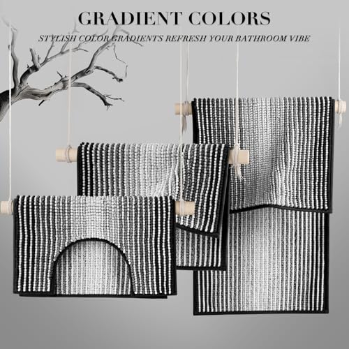 BSICPRO Bathroom Rugs Sets 3 Piece, Toilet Rugs U-Shaped Contour Bath Mat Set, Striped Absorbent Non Slip Chenille Shower Mat, Black - color: Black, size: 20"x32"+16"x24"+U Shape 20"x24"
