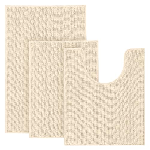 Urvoix Bathroom Rugs Sets 3 Piece, Chenille Bathroom Rug Non-Slip Bath Rug, Ultra Soft, Washable, Super Absorbent Bath Mats for Bathroom, Toilet and Tub (Warm Beige) - color: Warm Beige