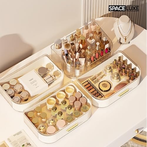 Makeup Organizer with Drawers, 360° Rotating Brush Holder | 2-Tier, Cosmetic storage for vanity, skincare, perfume, hair accessories, lipstick and jewelry, Cream White - color: Cream White, size: 2-layer