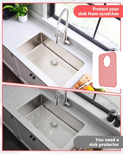 2 Pack Silicone Sink Protectors for Kitchen Sink, Trellis Pattern 13 x 11 Inches Sink Mat, Non-Slip and Durable Sink Protector Silicone, Rear Drain, Red - color: Red