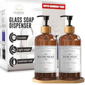 Sunrise Premium 16 OZ Thick Amber Glass Soap Dispenser, Bamboo Pump with Tray 2 Pack, Hand and Dish Soap Dispenser Set for Bathroom with 6 Waterproof Labels - color: Plastic Bamboo Pump - Amber Glass Pack 2