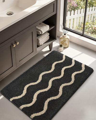 DEXI Wave Striped Bathroom Rug Washable, 32x20 Non Slip Bath Mat Absorbent, Ultra Soft Plush Microfiber Bathmat Quick Dry for Shower Floor, Tub, Sink, Black - color: Wave Stripes, size: 32" X 20" (Rectangular)