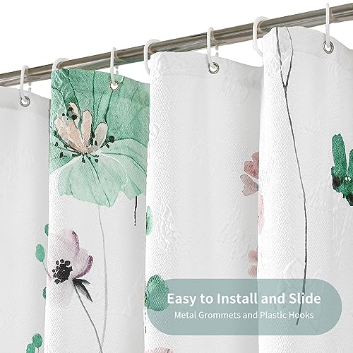 QiyI Watercolor Floral Shower Curtain, 3D Embossed Butterflies Sage Green Flower Bathroom Curtain, Minimalist White Cloth Bath Curtains, Waterproof Fabric Textured Shower Curtain Set with Hooks, 72x72 - color: Sage Green, size: 72"W x 72"L (Pack of 1)