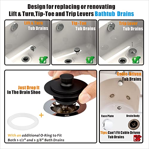Artiwell Universal Lift and Turn Bath Drain Stopper and Cover, Bathtub Drain Stopper, Replaces Lift and Turn, Tip-Toe and Trip Lever drains for Tub, EZ Installation and Clearing (MATT Black) - color: Matt Black