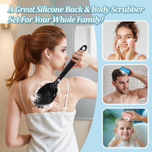 Silicone Back & Body & Face Scrubber Set 3PCS, Gentle Exfoliating Back & Body Scrubber with Dual-Side Brush Head, Hygienic Silicone Loofahs with Soft Bristle and Non-Slip Handle(Black-3PC) - color: Black*3