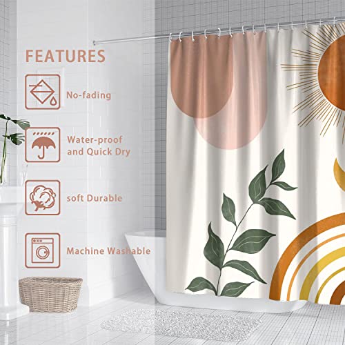Mid Century Abstract Boho Orange Aesthetic Shower Curtain Set, Spring Summer Pink Green Nature Leaf Sun Modern Minimalist Home Bathroom Curtain Decor with 12 Hooks 72x72 Inches - color: Orange, size: 72"W x 72"L (Pack of 1)