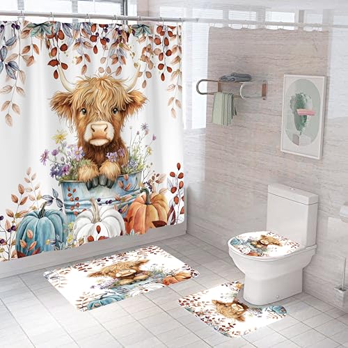 4PCS Fall Highland Cow Shower Curtain Bathroom Sets with Rugs, Toilet Lid Cover and Bath Mat, Autumn Pumpkin Thanksgiving Farmhouse Country Bathroom Decor Set with 12 Hooks - color: Fall Highland Cow