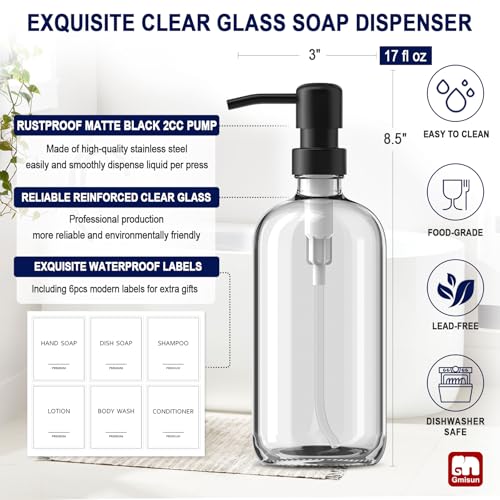 GMISUN Glass Soap Dispenser with Pump, 2 Pack Clear Bathroom Hand Soap Dispenser with Stainless Steel Pump, 17 Fl Oz Refillable Kitchen Hand and Dish Soap Dispensers Set, Modern Liquid Pump Bottles - color: Clear Bottle + Black Pump